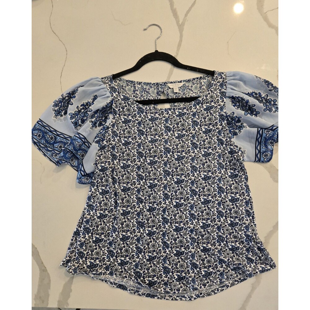 Lucky Brand Blouse Navy Blue Geo Boho Paisley Print Short Sleeve Top Women's M - Picture 8 of 11